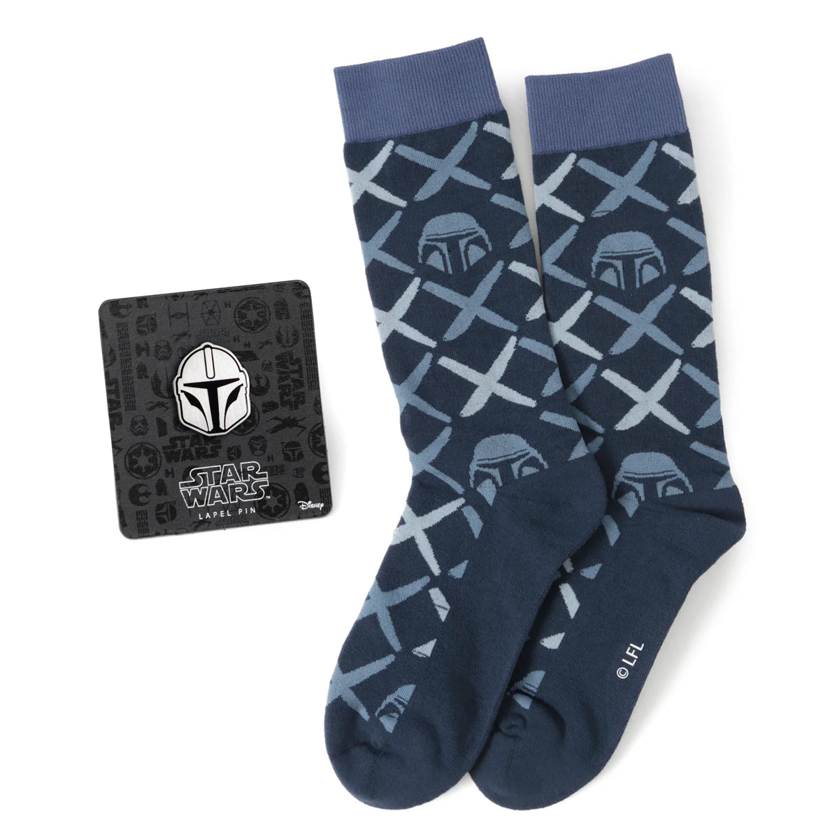 Navy blue socks with Mandalorian pattern and branded card on a white background