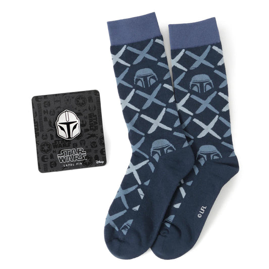 Navy blue socks with Mandalorian pattern and branded card on a white background