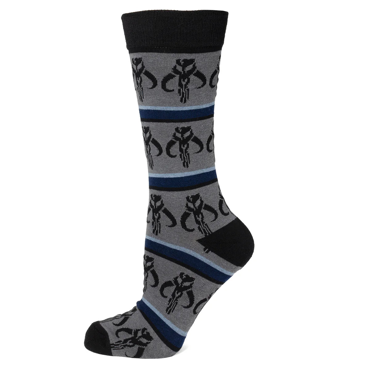 Gray sock with black patterns and blue stripes on a white background