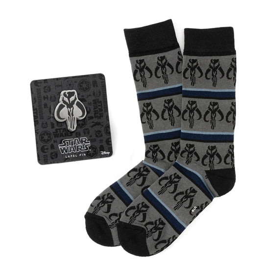 Gray socks with black and blue stripes and a Star Wars logo, along with a matching lapel pin on a white background.