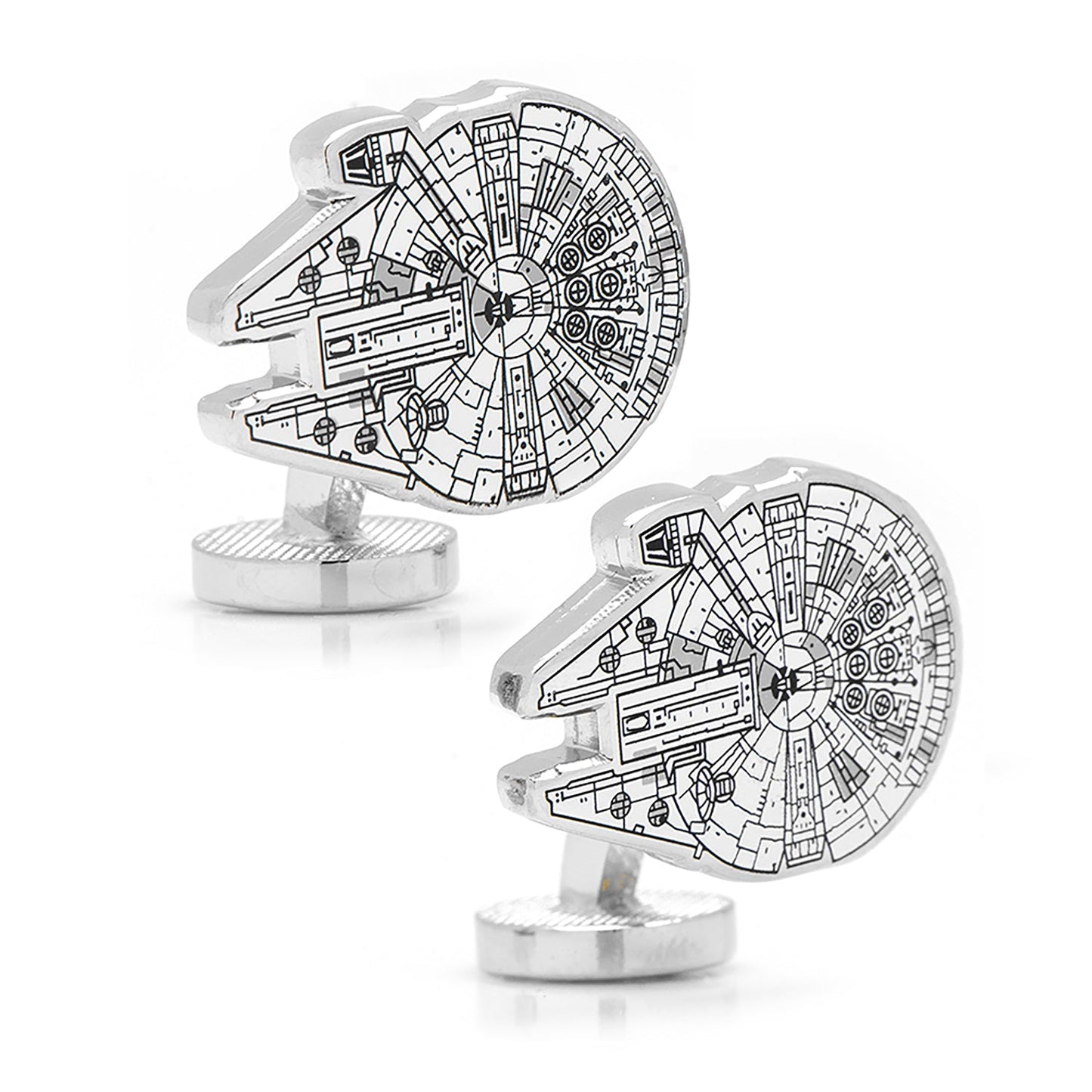 Millennium Falcon cufflinks on a white background