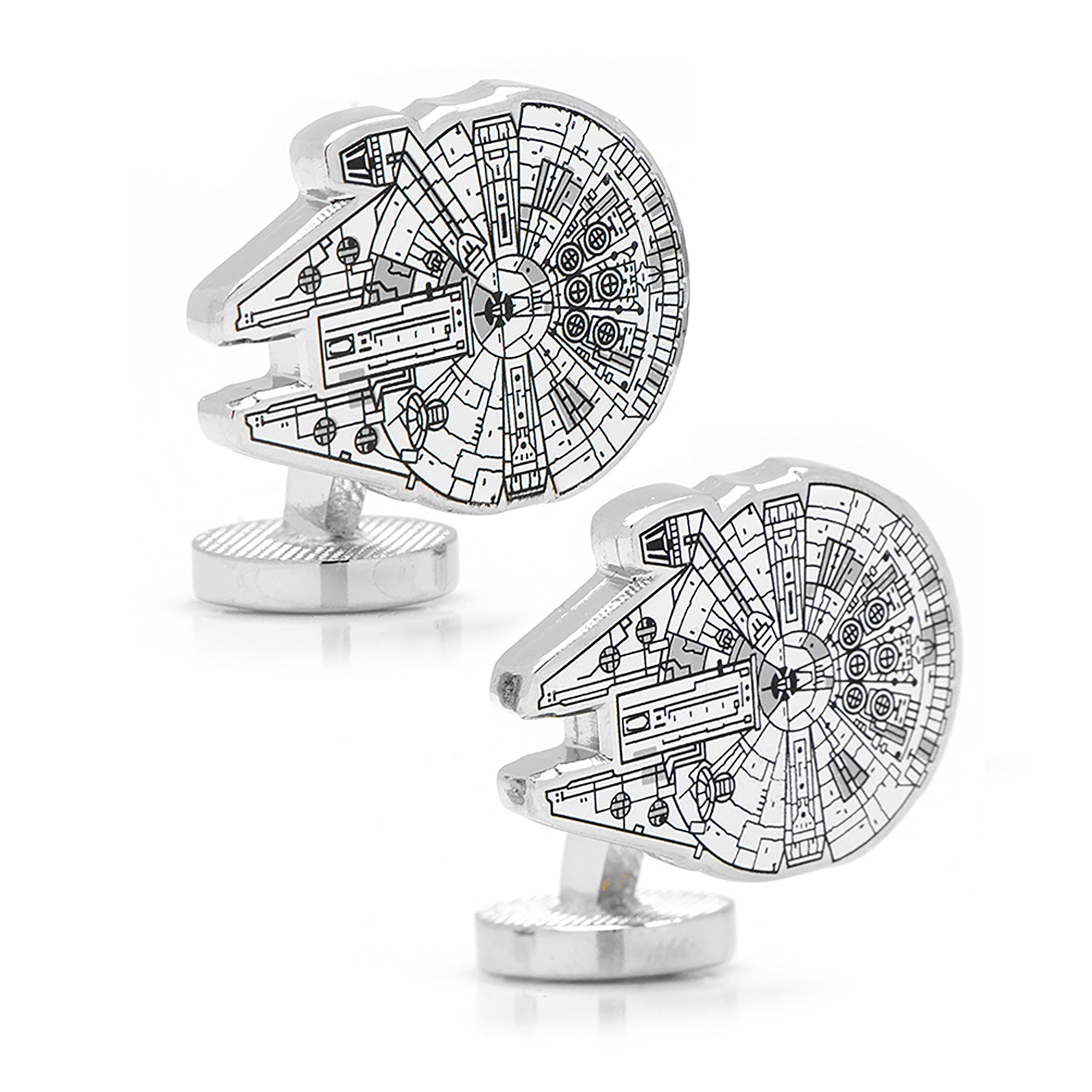 Millennium Falcon cufflinks on a white background