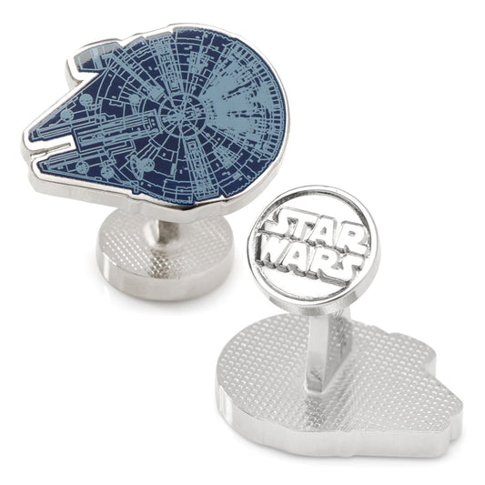 Cufflinks with Millennium Falcon design and Star Wars logo on a white background