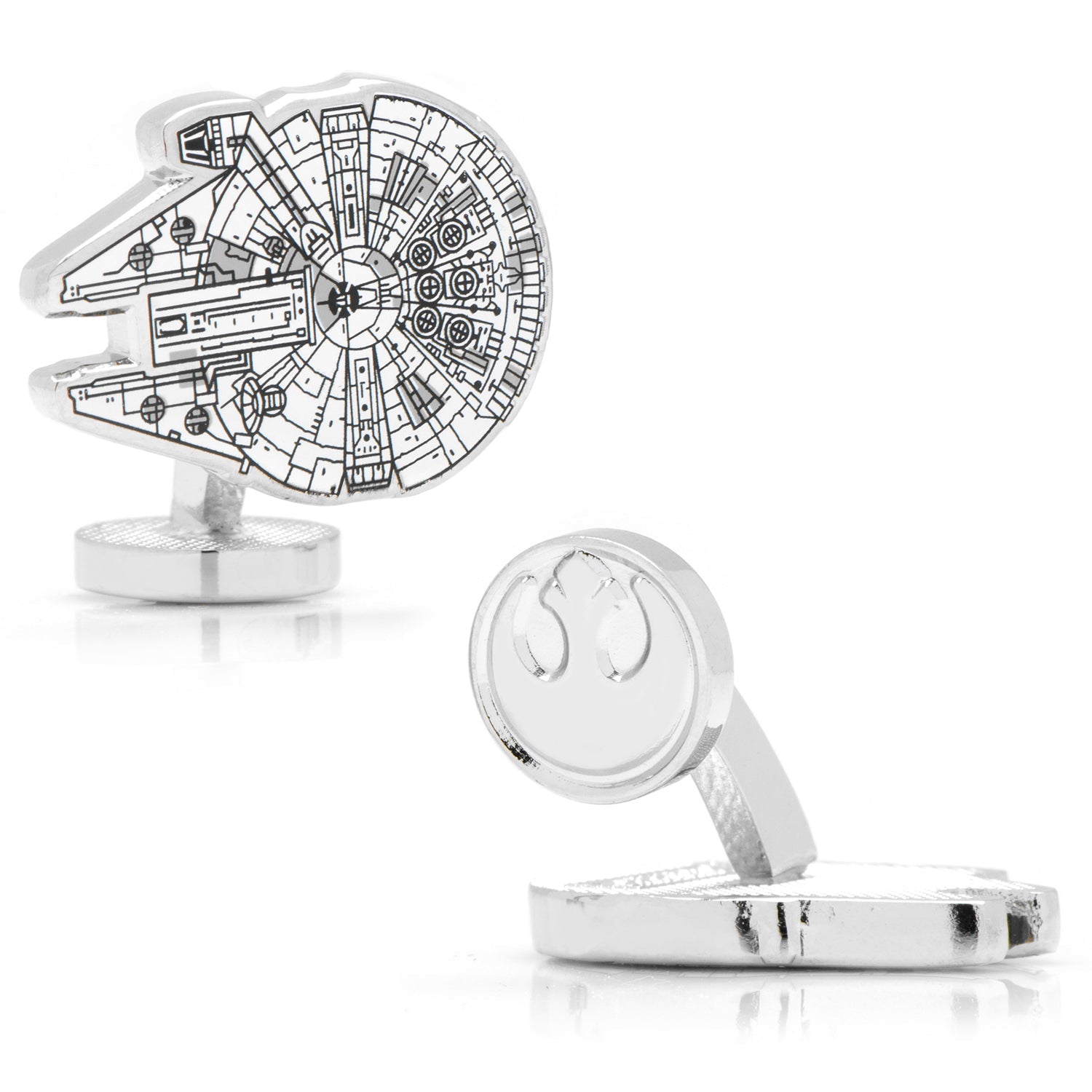 Cufflinks with Millennium Falcon design on a white background