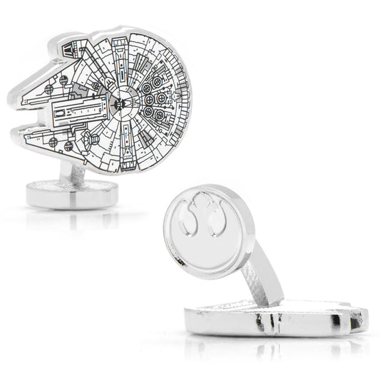 Cufflinks with Millennium Falcon design on a white background