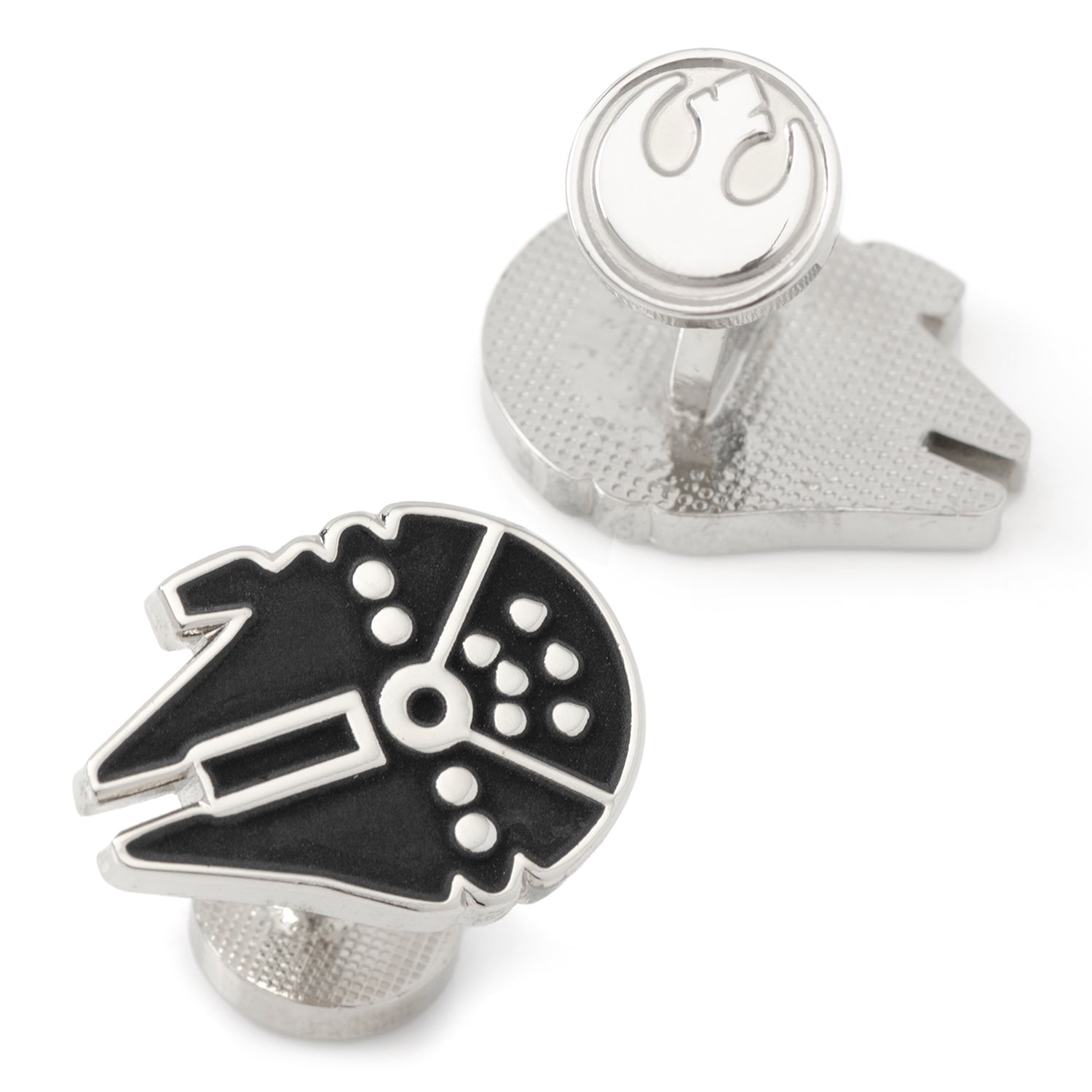 Cufflinks with a design resembling a spaceship on a white background