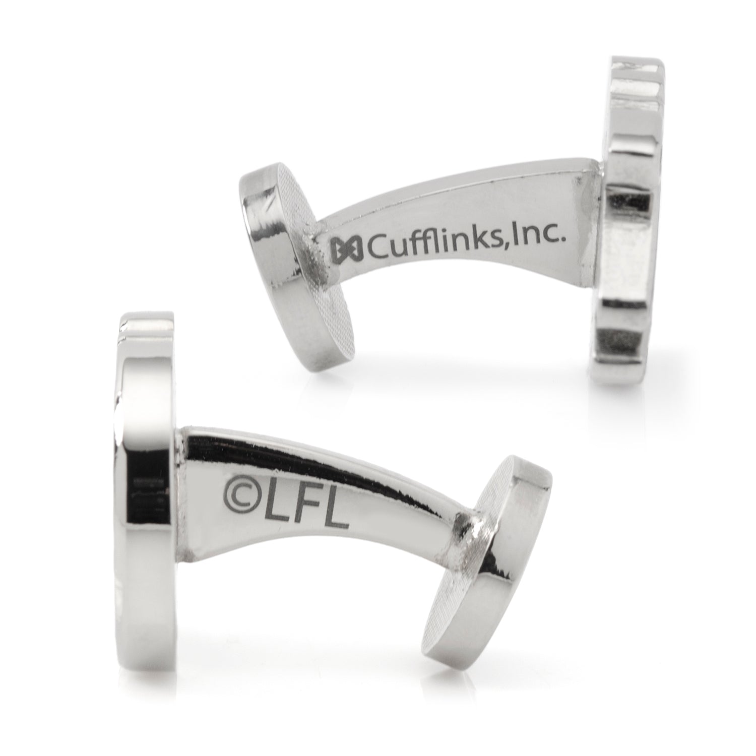 Silver cufflinks with 'Cufflinks, Inc.' and 'LFL' branding on a white background