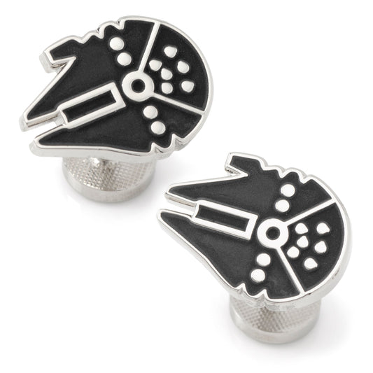 Cufflinks designed like the Millennium Falcon from Star Wars on a white background