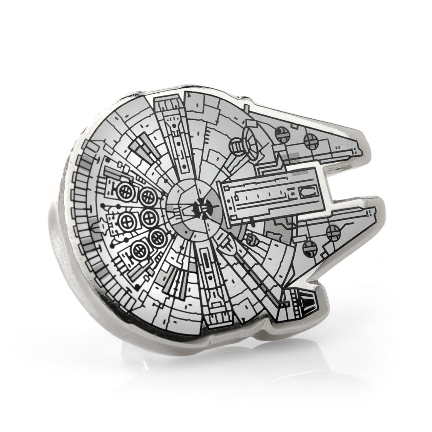 Enamel pin of the Millennium Falcon from Star Wars on a white background