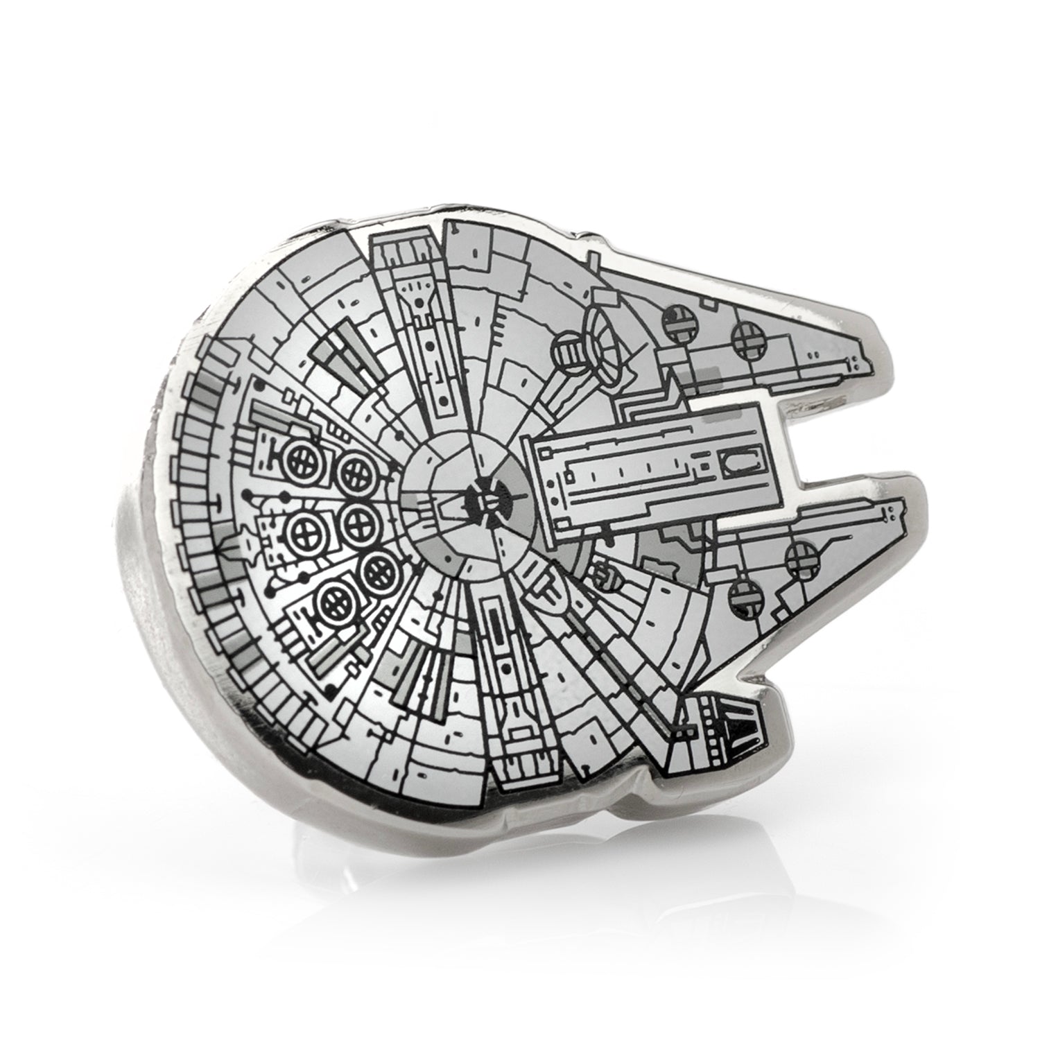Enamel pin of the Millennium Falcon from Star Wars on a white background