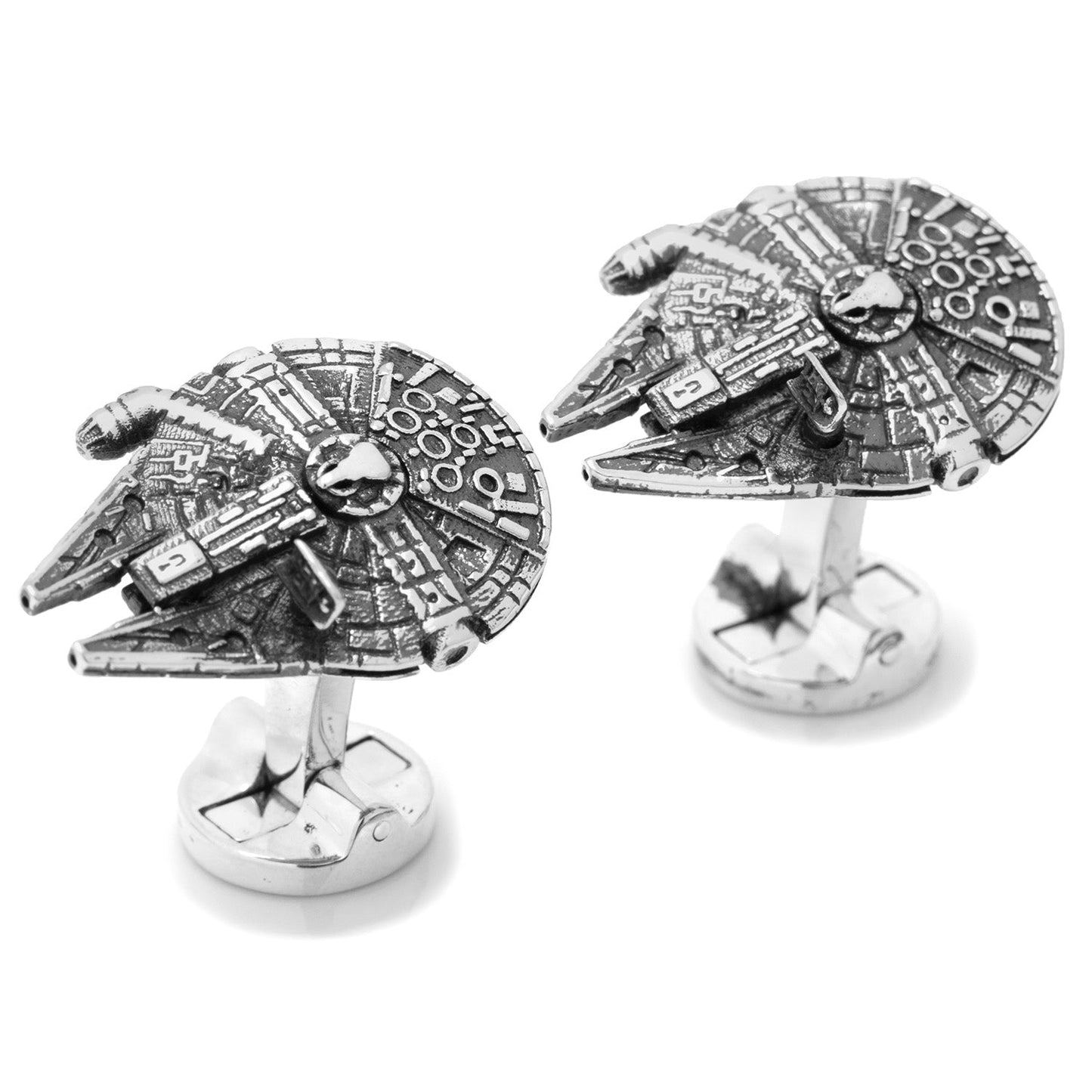 Millennium Falcon cufflinks on a white background