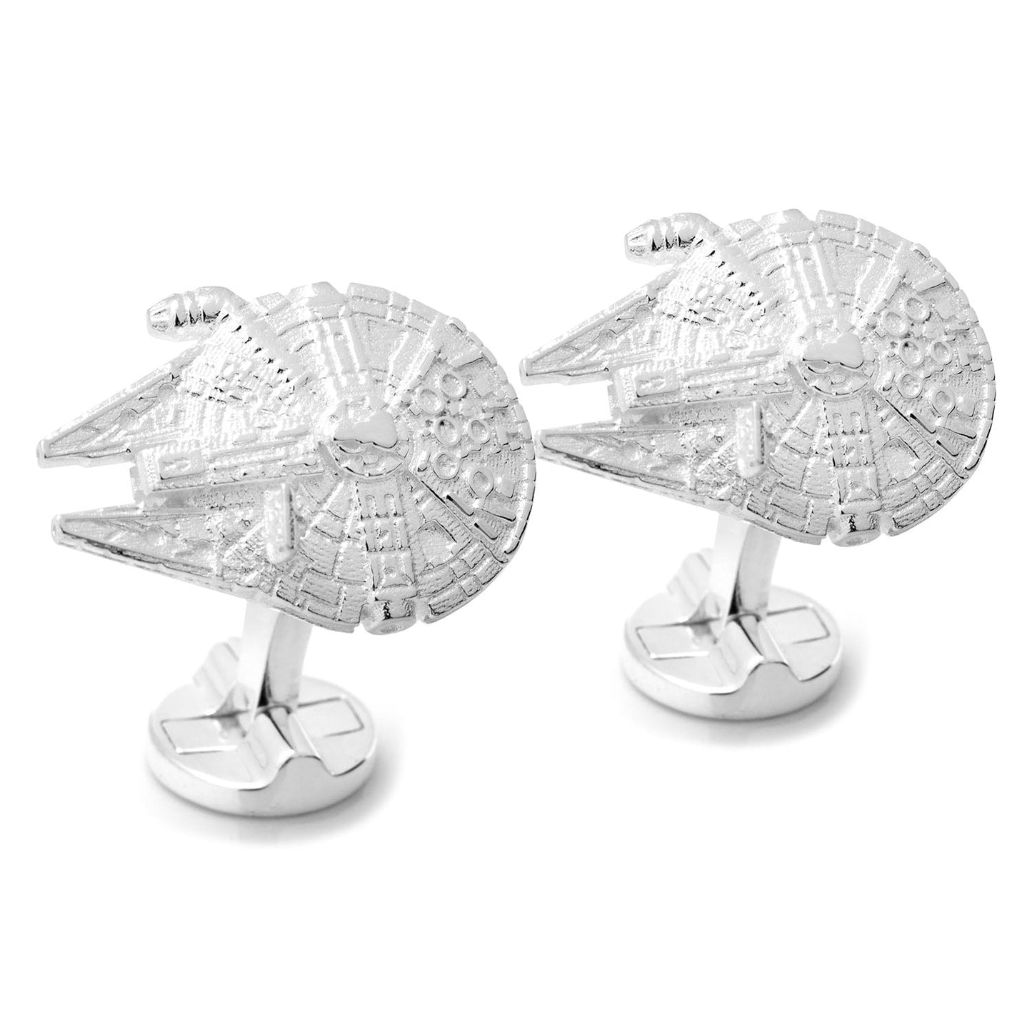 Silver Millennium Falcon cufflinks on a white background