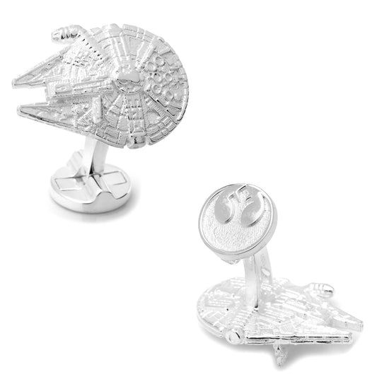 Cufflinks designed like the Millennium Falcon from Star Wars on a white background