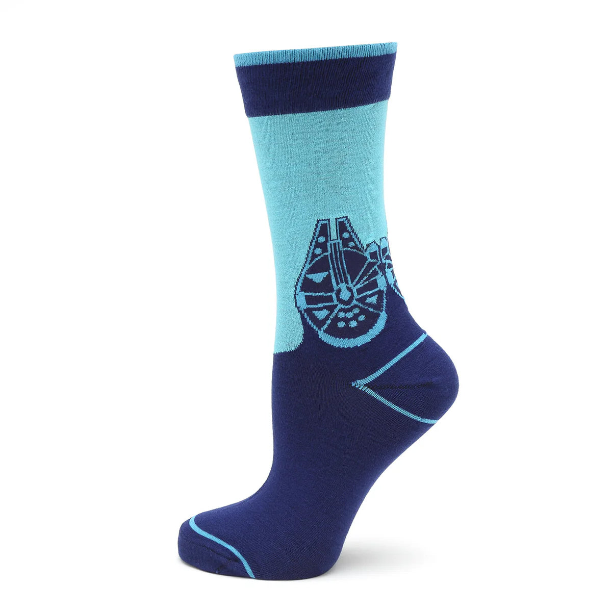 Navy and light blue sock with a design on a white background