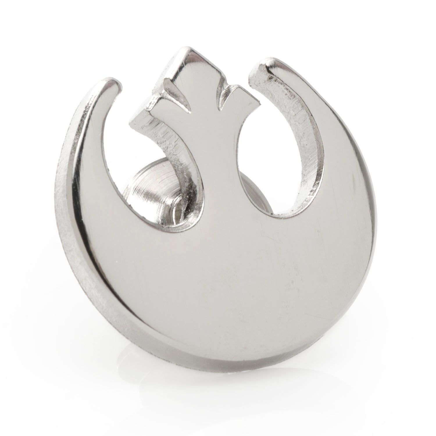 Silver emblem with a unique design on a white background