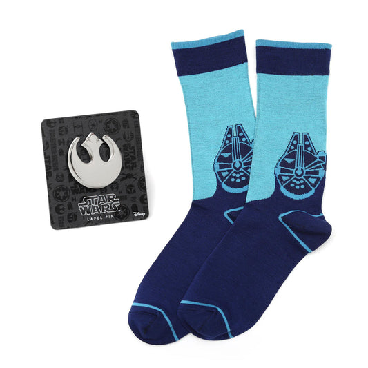 Blue and navy socks with Millennium Falcon design and Rebel Alliance logo label pin on white background