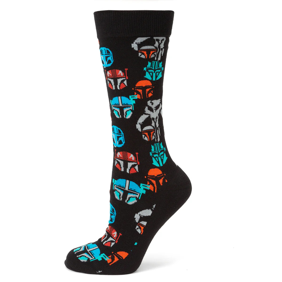 Black sock with colorful character pattern on a white background