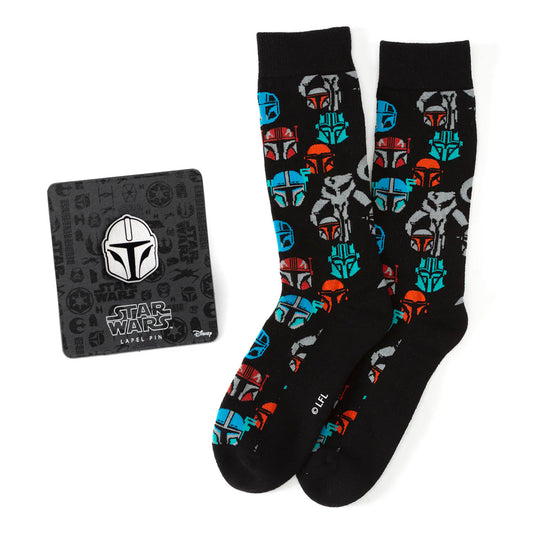 Black socks with colorful character pattern and Star Wars branded card on a white background
