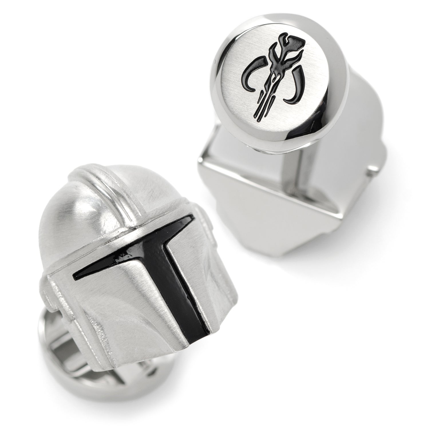 Silver helmet-shaped cufflinks with emblem on a white background Star Wars Mandalorian 3D Cufflinks