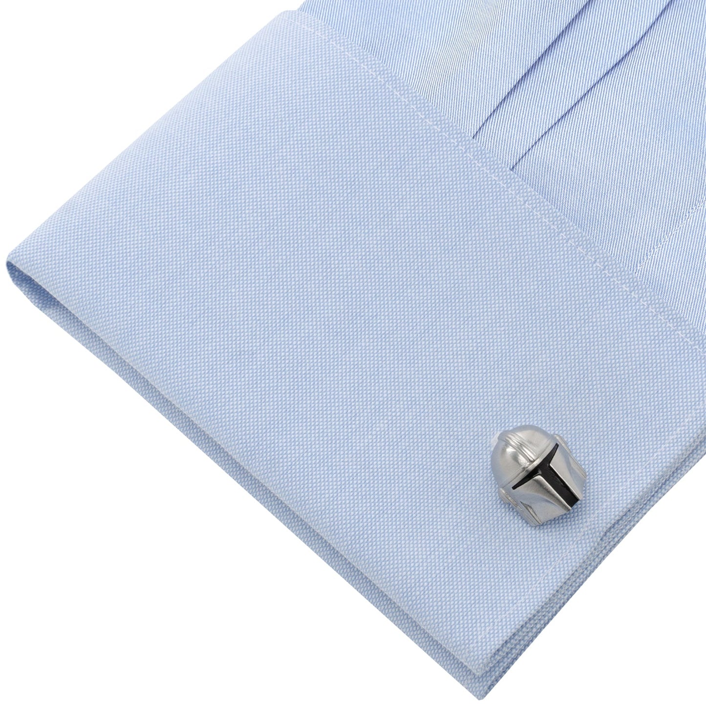 Close-up of a light blue dress shirt with a silver cufflink on a white background Star Wars Mandalorian 3D Cufflinks