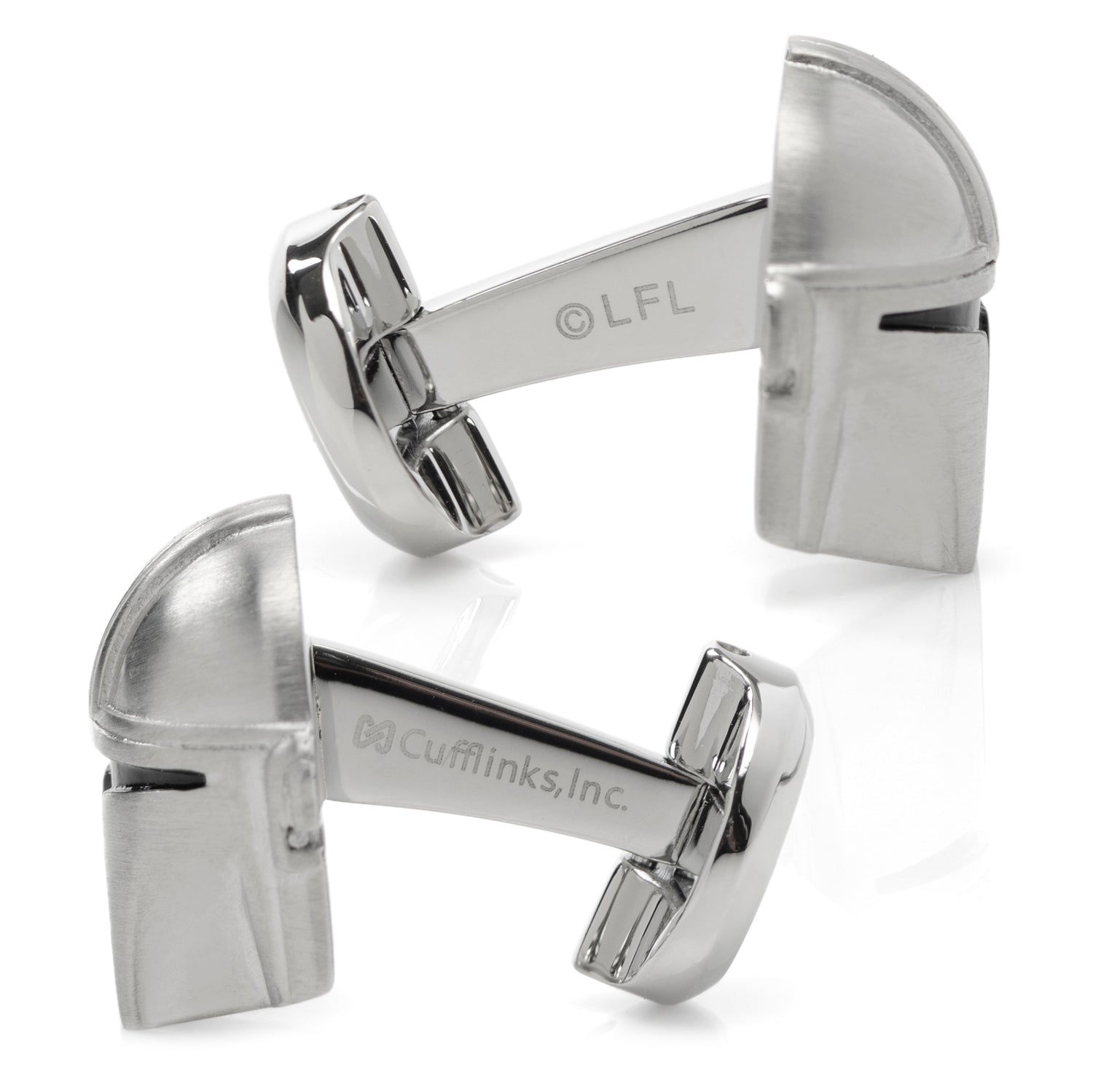 Silver cufflinks with 'LFL' and 'Cufflinks, Inc.' branding on a white background