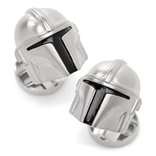 Two silver helmet-shaped cufflinks on a white background Star Wars Mandalorian 3D Cufflinks