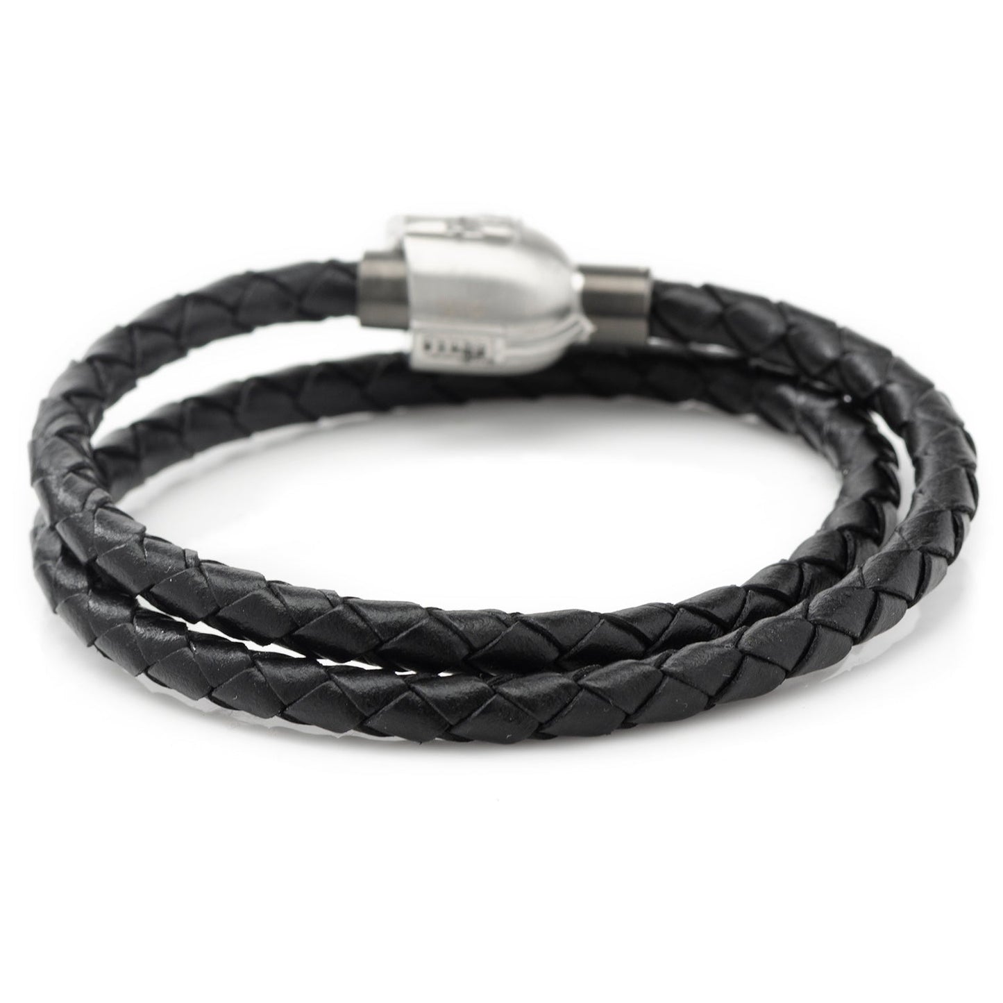 Black braided leather bracelet with silver clasp on a white background