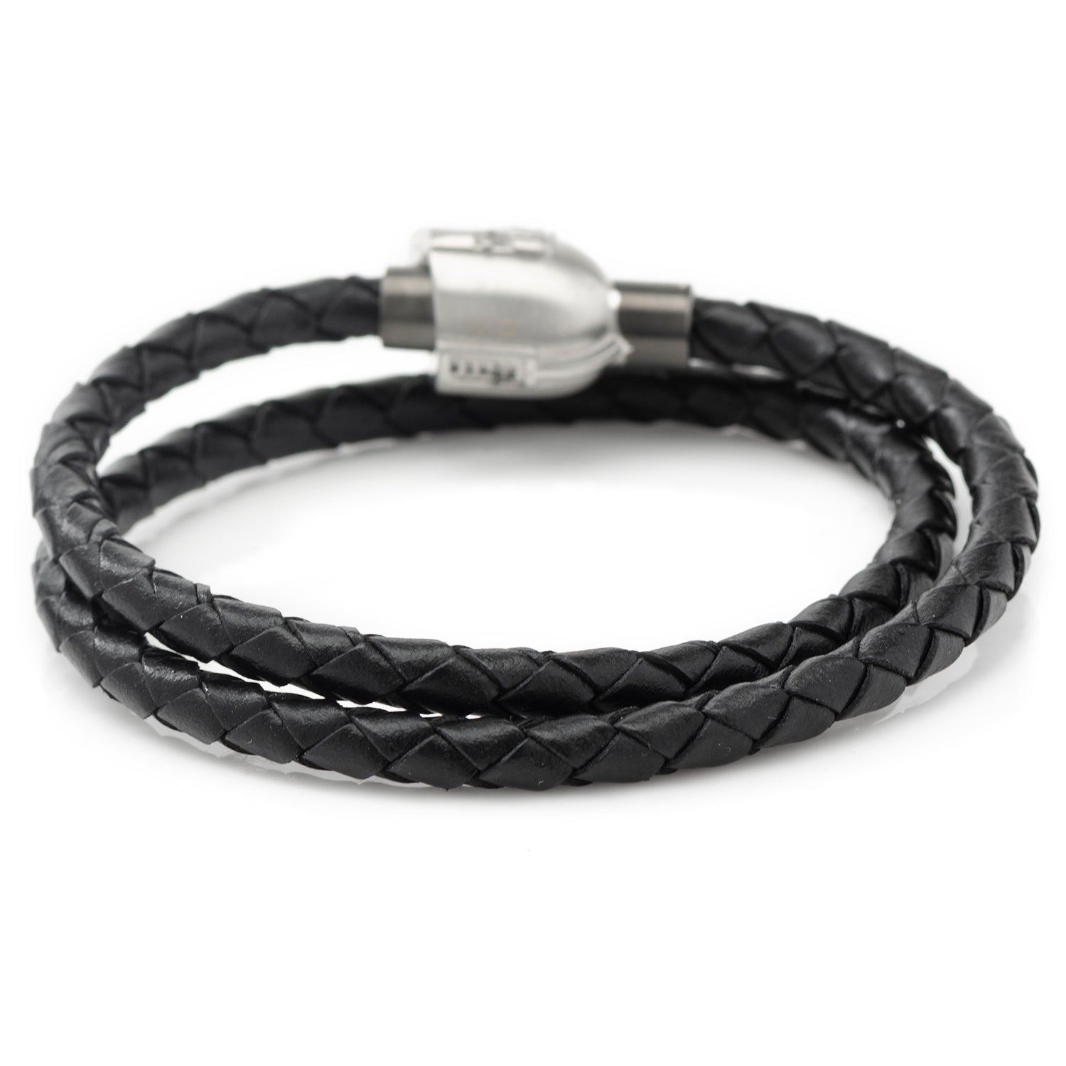 Black braided leather bracelet with silver clasp on a white background