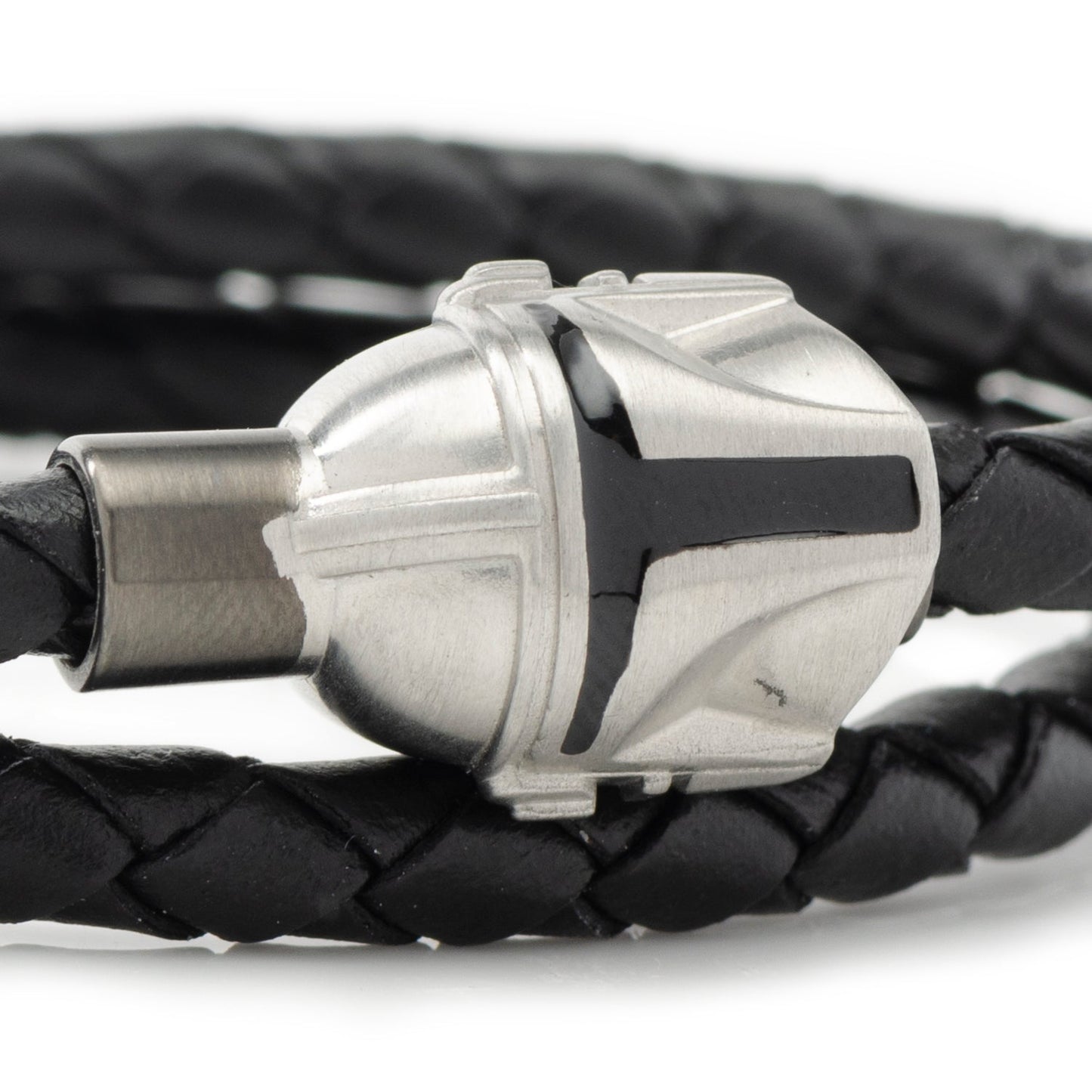 Black braided leather bracelet with a silver clasp on a white background