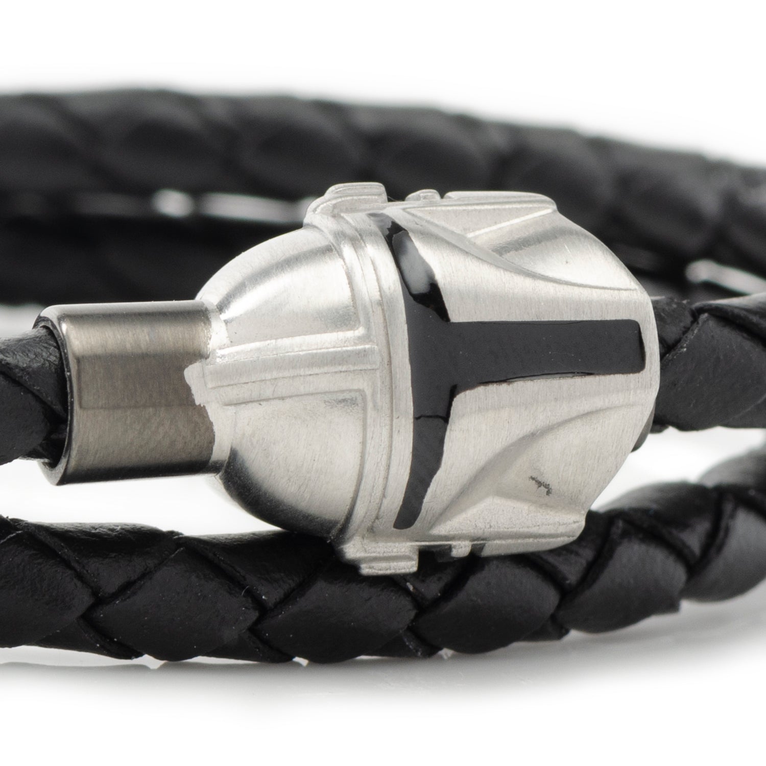 Black braided leather bracelet with a silver clasp on a white background