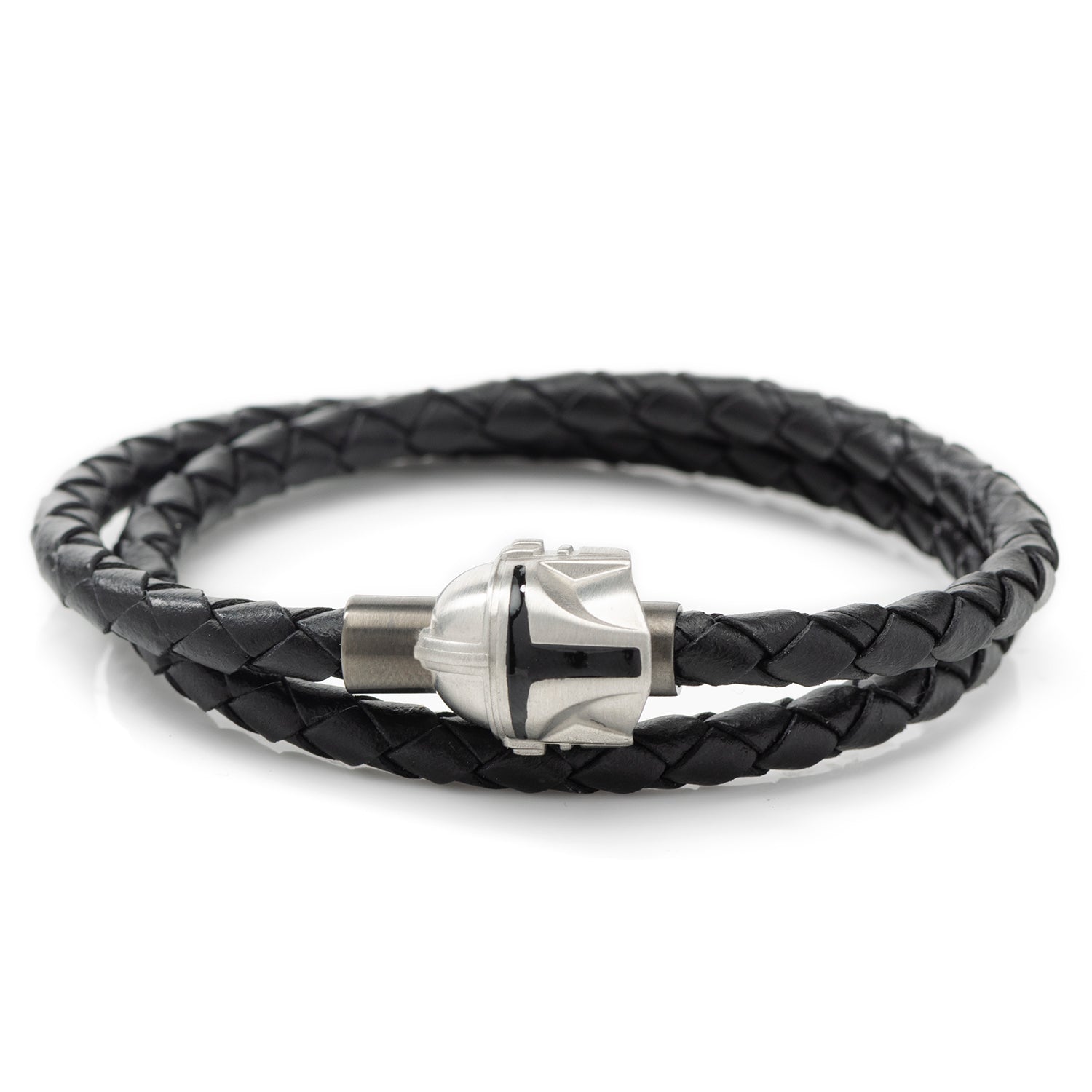 Black braided leather bracelet with a silver clasp on a white background