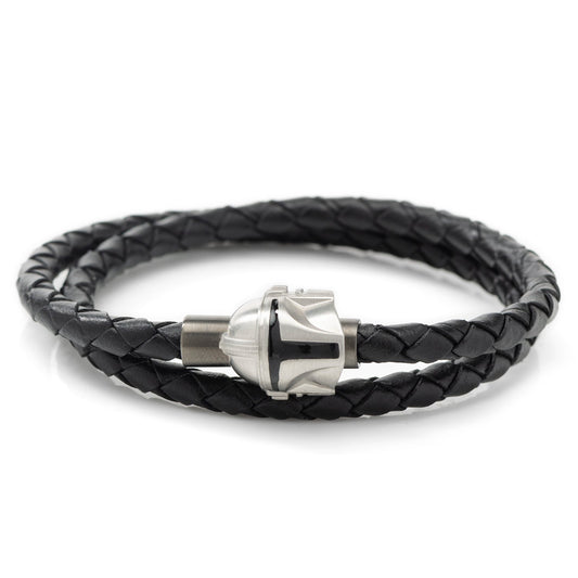 Black braided leather bracelet with a silver clasp on a white background