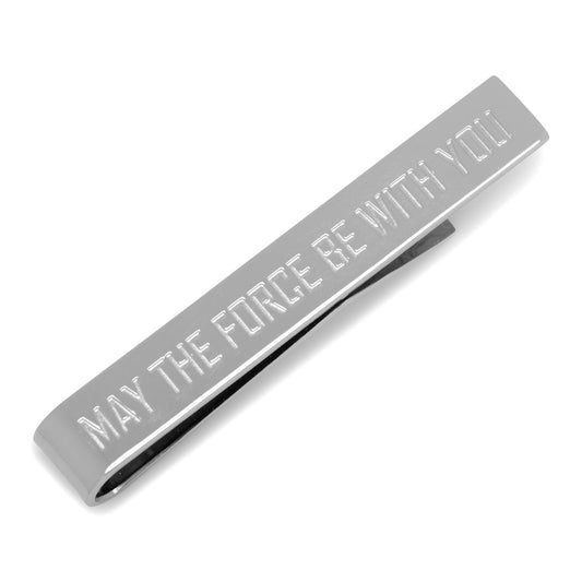 Silver tie bar with 'May the Force be with you' engraving on a white background