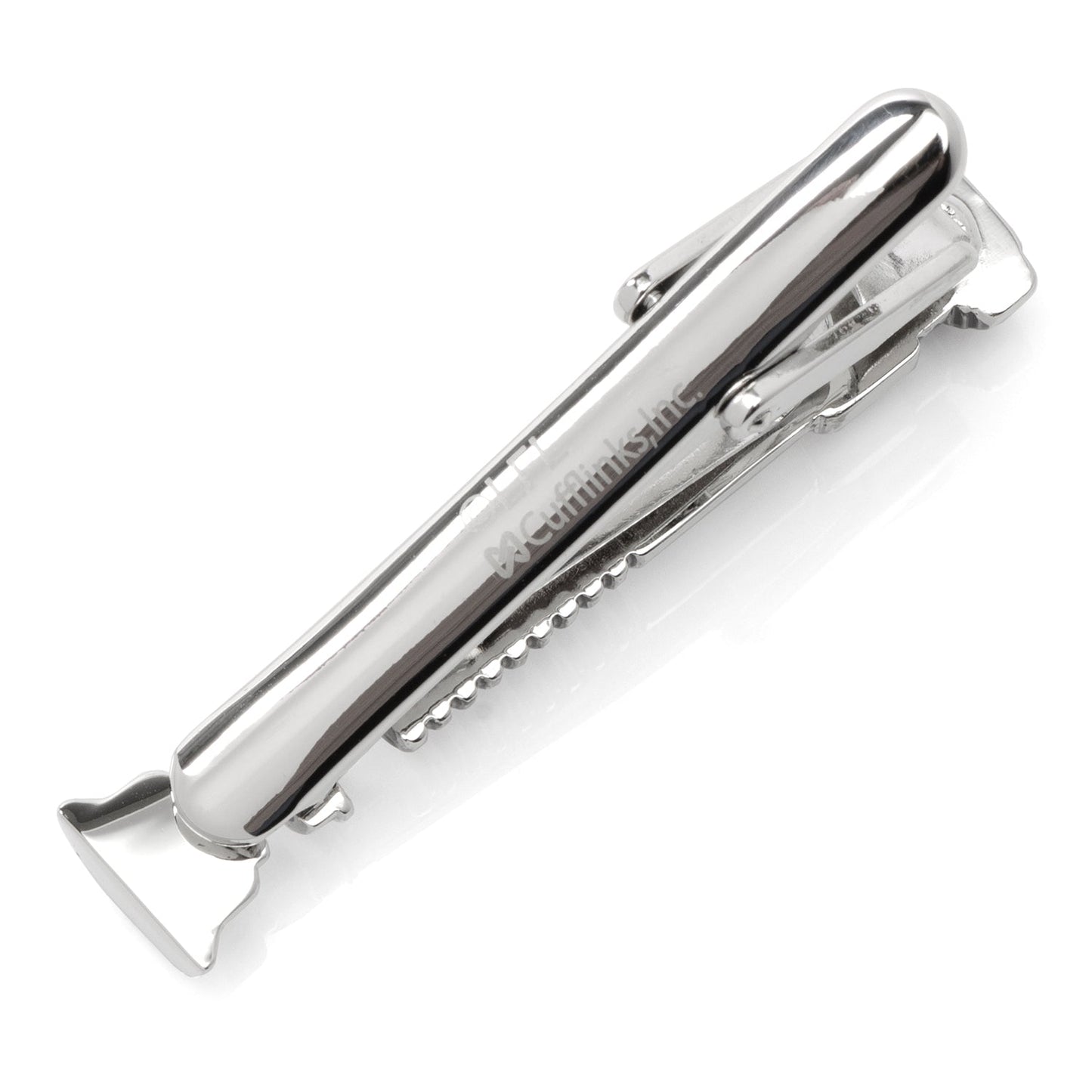 Silver tie clip on a white background
