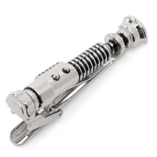 Silver tie clip with intricate design on a white background