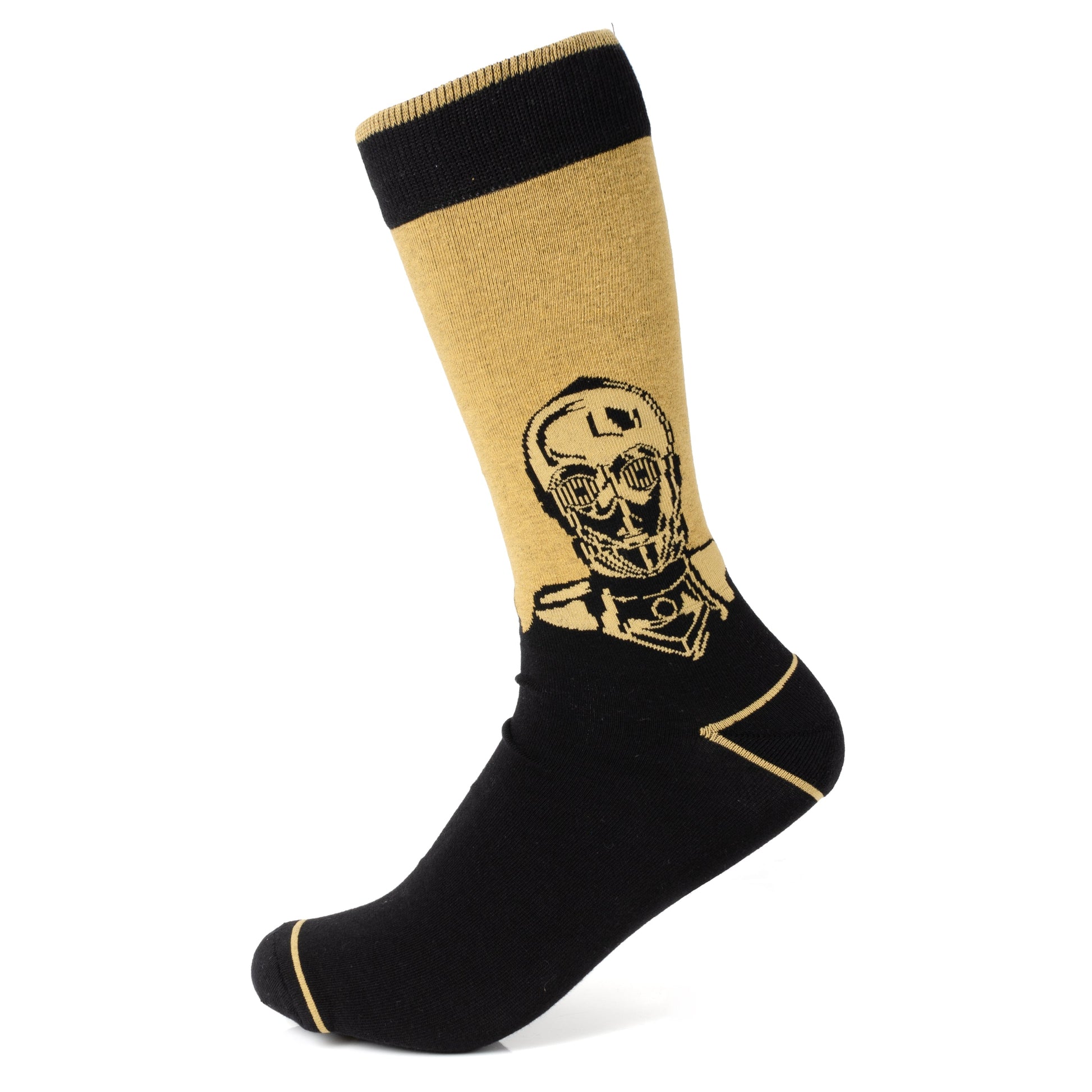Black and beige sock with a skull design on a white background