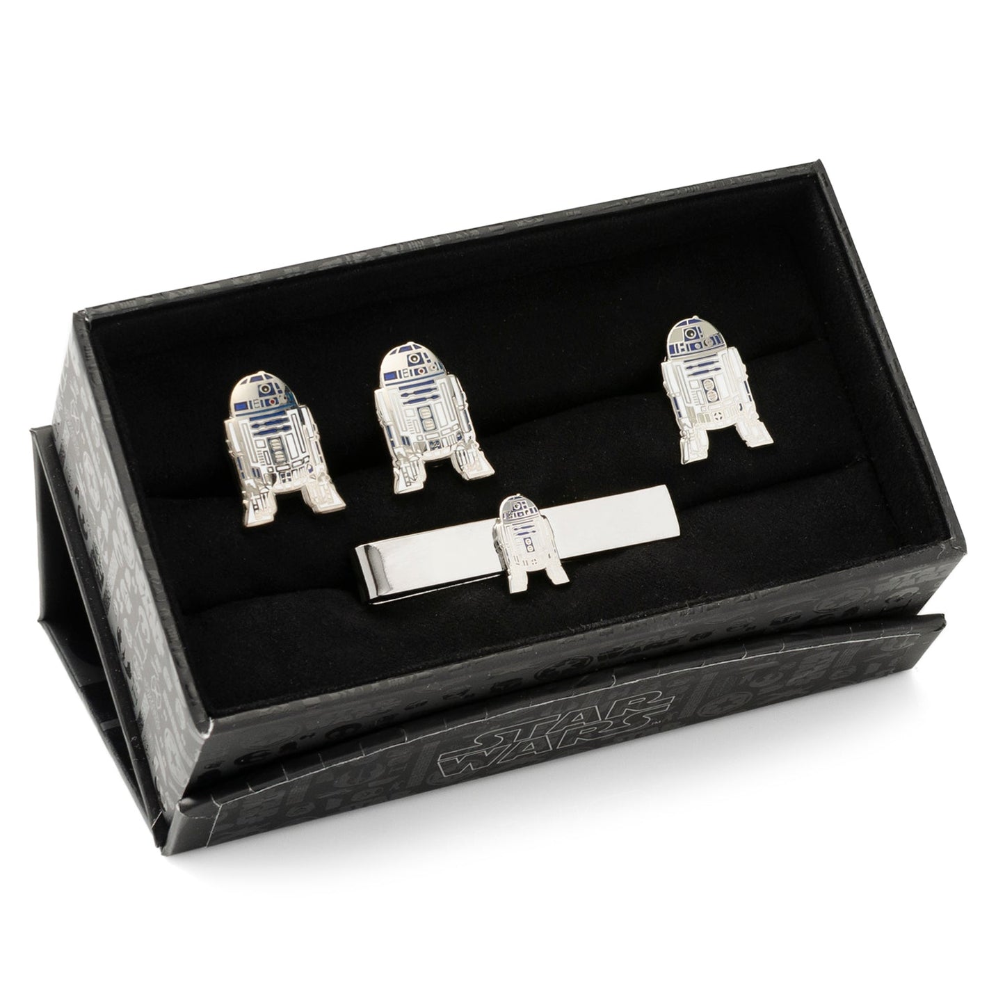 Set of R2-D2-themed cufflinks and tie clip in a black box