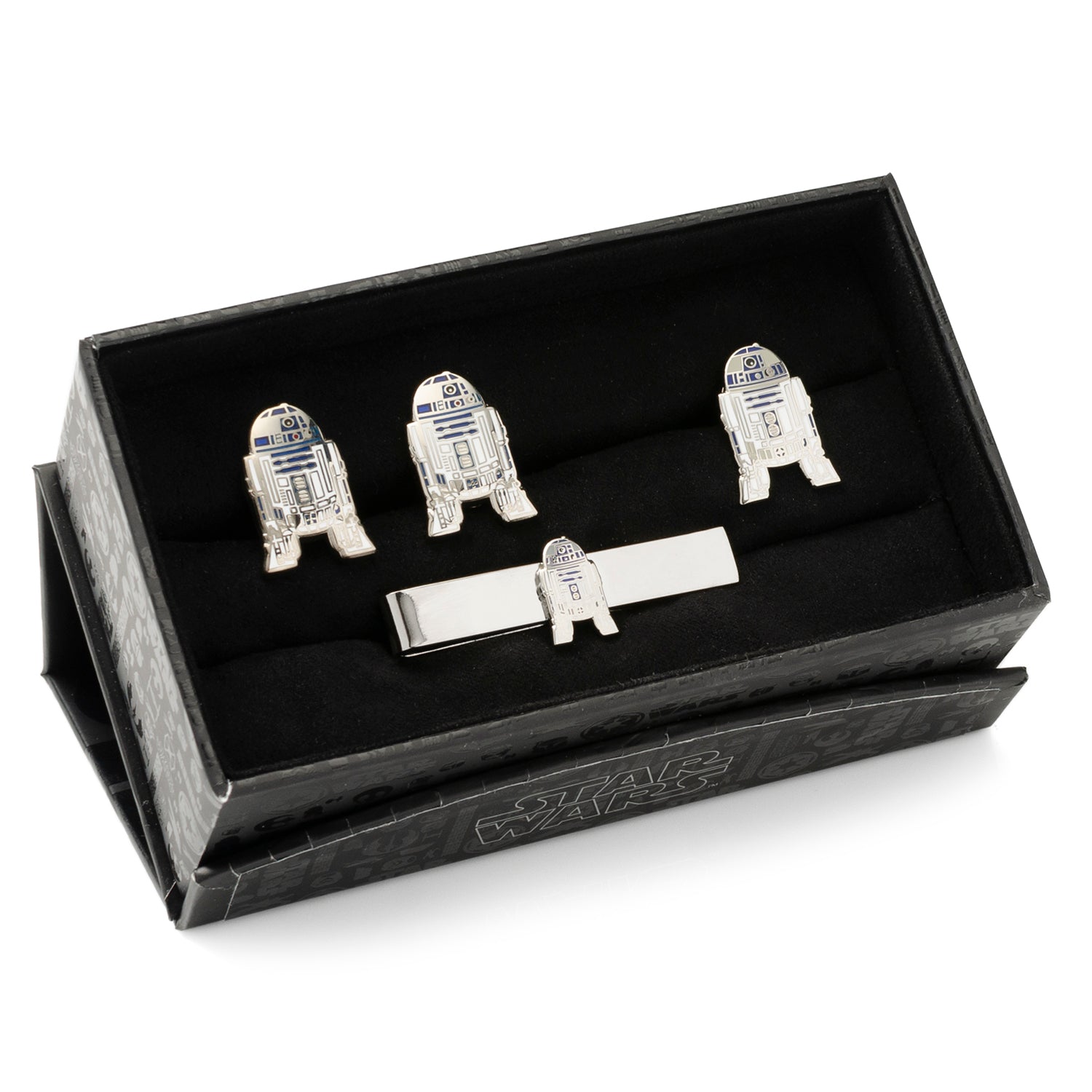 Set of R2-D2-themed cufflinks and tie clip in a black box