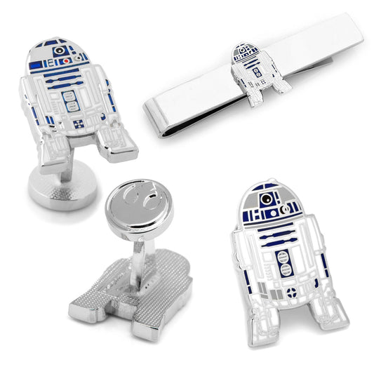 Star Wars R2-D2 themed cufflinks and tie clip on a white background