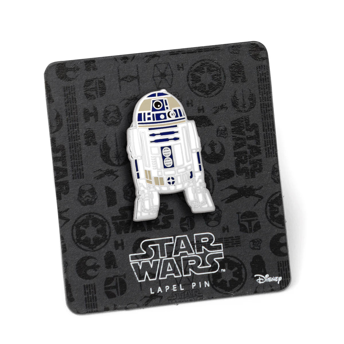 Star Wars R2-D2 lapel pin on a branded card with Star Wars logos.