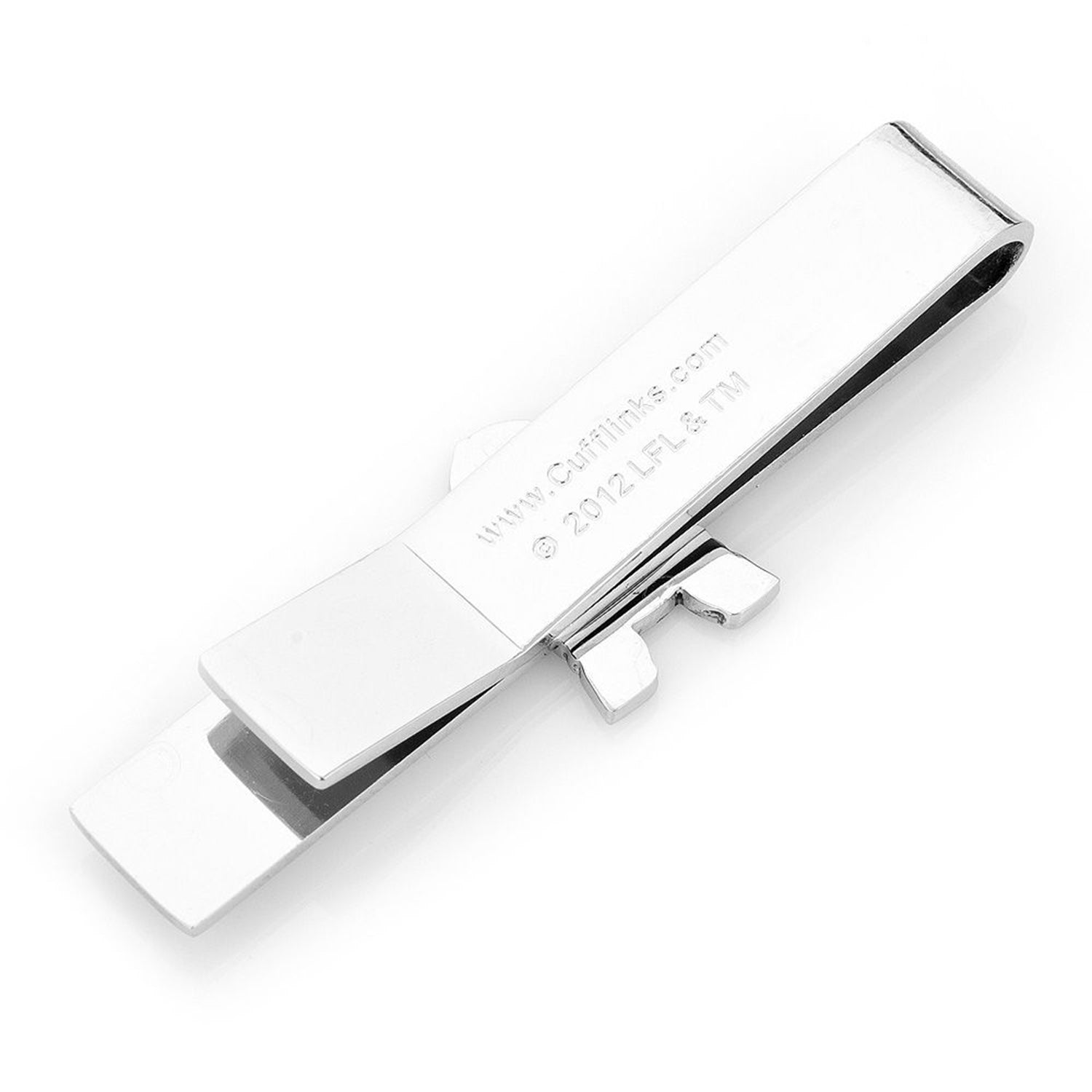 Silver tie clip with brand name on a white background