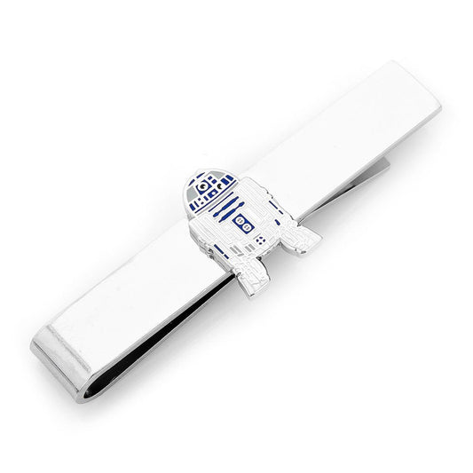 Silver tie clip with R2-D2 design on a white background