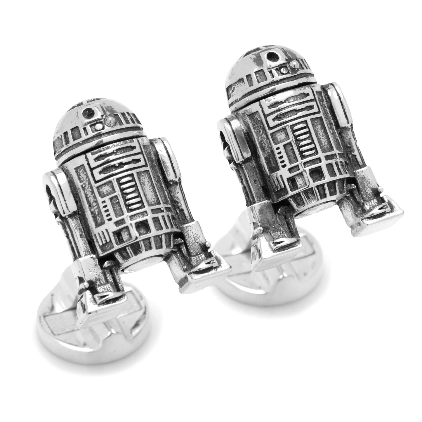 Silver R2-D2 cufflinks on a white background