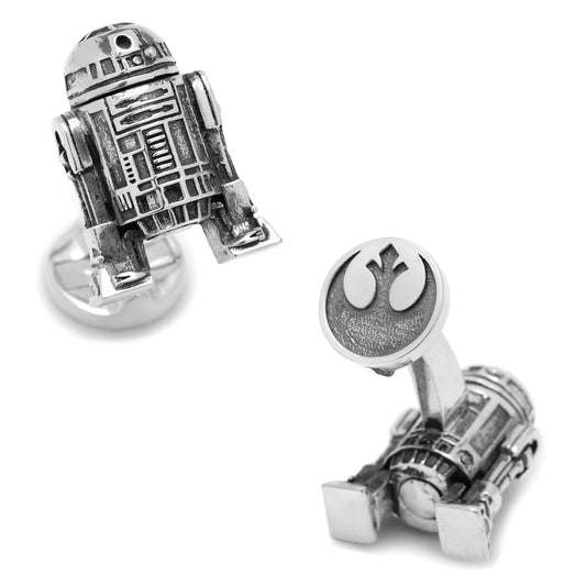 Silver R2-D2 and C3PO cufflinks on a white background