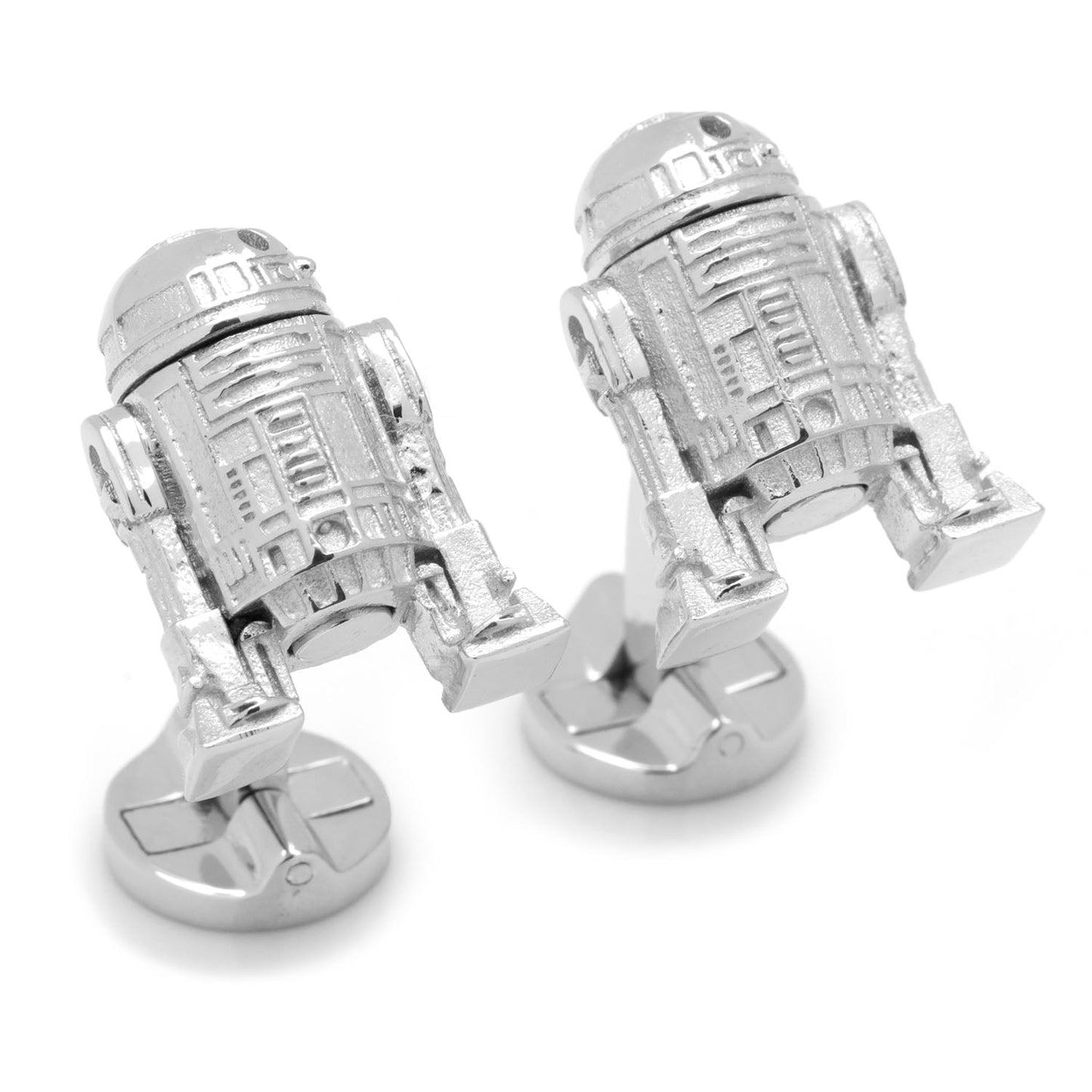 Silver robot cufflinks on a white background