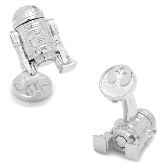 Silver R2-D2 cufflinks on a white background