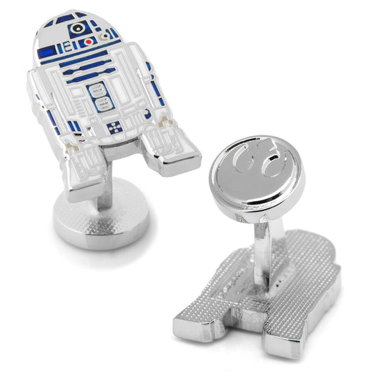 Cufflinks designed like R2-D2 from Star Wars on a white background