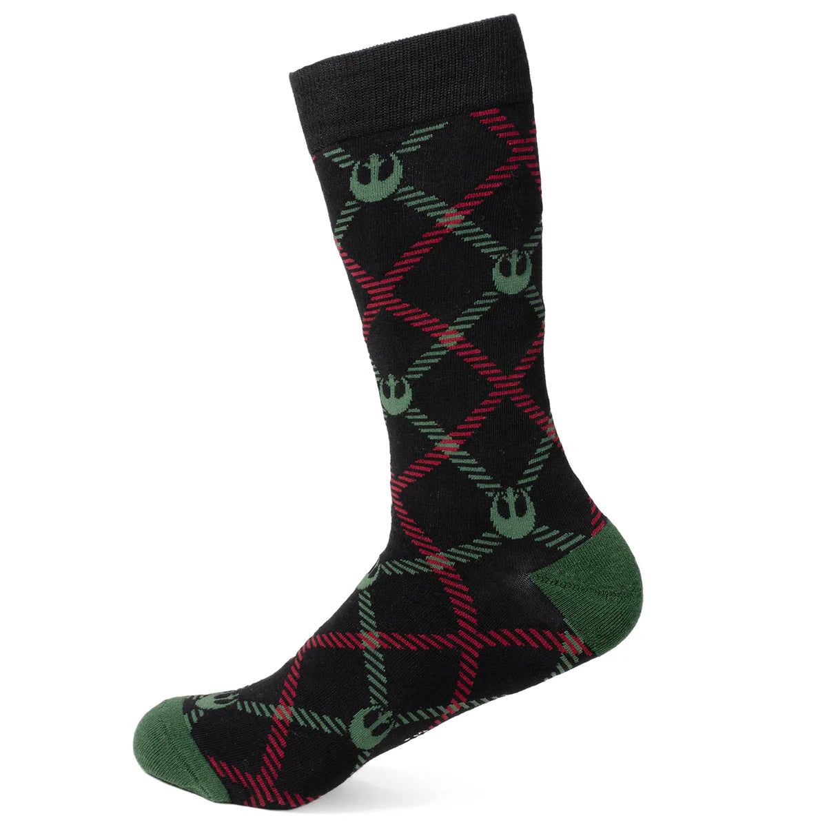 Plaid patterned sock with green and red accents on a white background