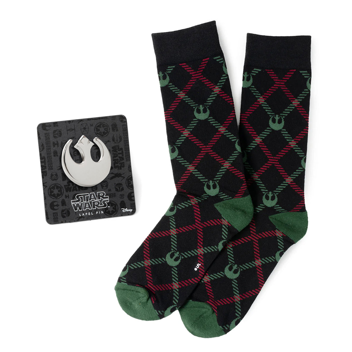 Plaid socks with green accents and a Star Wars logo on a white background