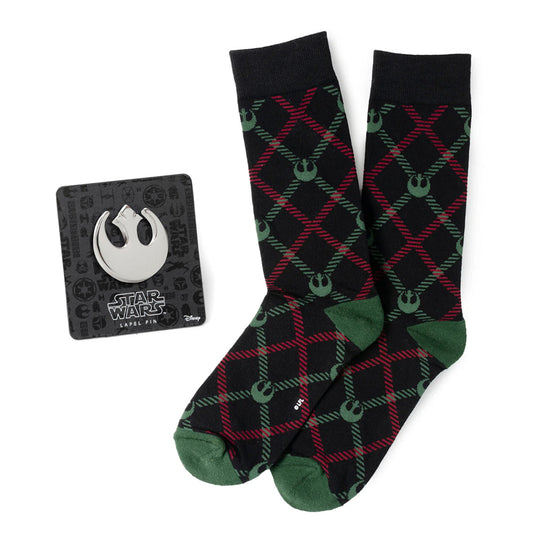 Plaid socks with green accents and a Star Wars logo on a white background